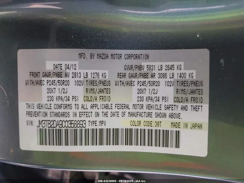 2012 MAZDA CX-9 GRAND TOURING