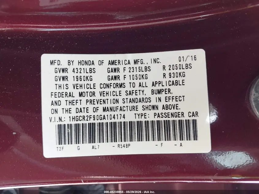 2016 HONDA ACCORD EX-L