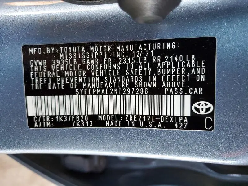2022 TOYOTA COROLLA LE  