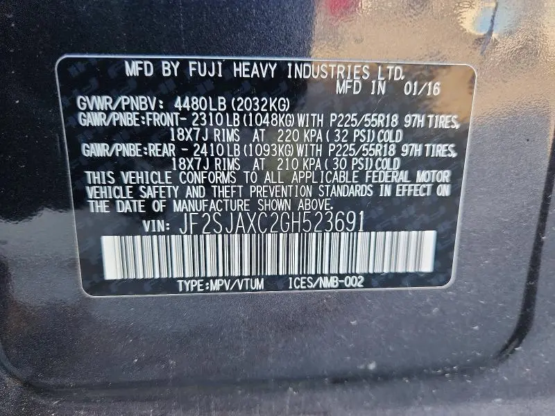 2016 SUBARU FORESTER 2.5I TOURING  