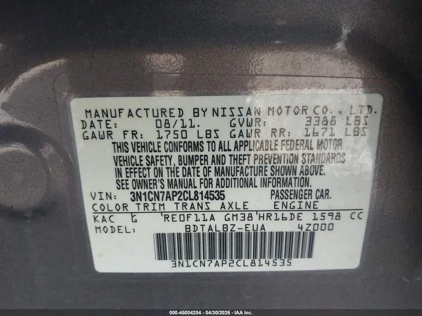 2012 NISSAN VERSA 1.6 SV