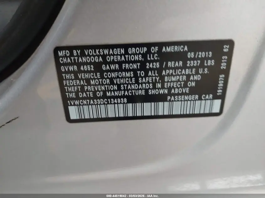 2013 VOLKSWAGEN PASSAT 2.0L TDI SEL PREMIUM