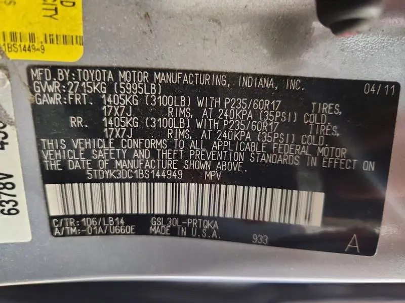 2011 TOYOTA SIENNA XLE 8-PASSENGER  