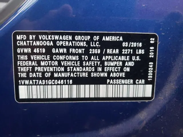 2016 VOLKSWAGEN PASSAT S  