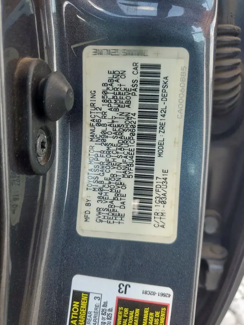 2012 TOYOTA COROLLA BASE  