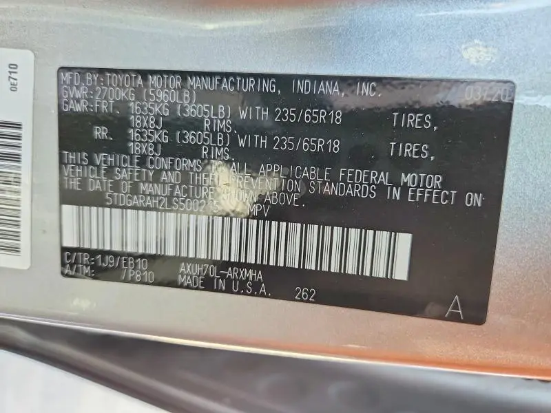 2020 TOYOTA HIGHLANDER HYBRID XLE  