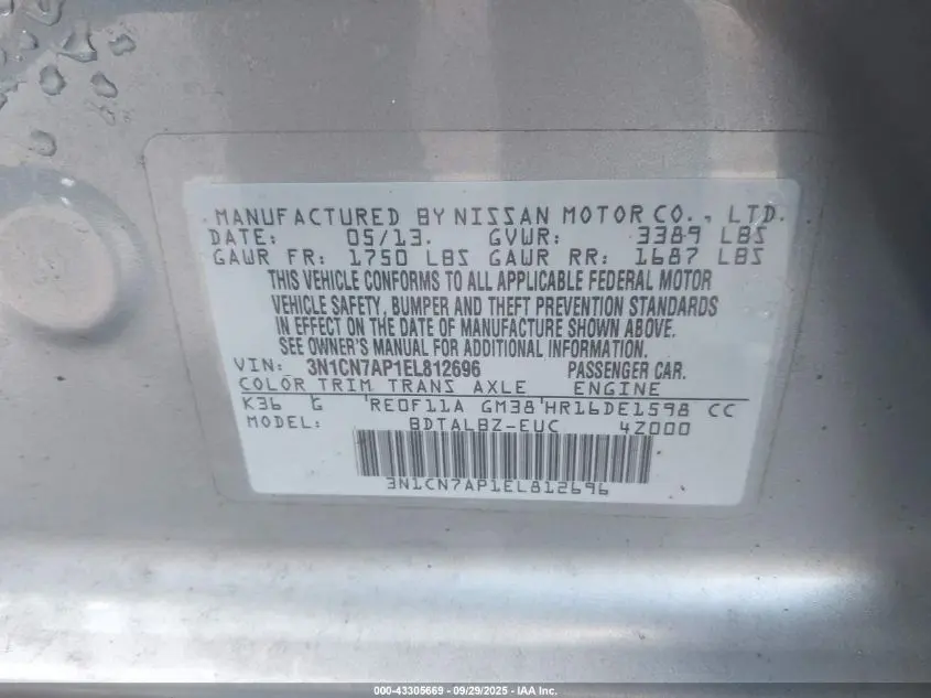 2014 NISSAN VERSA 1.6 SV