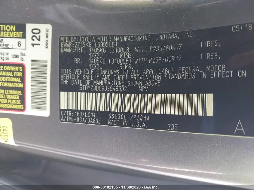 2018 TOYOTA SIENNA XLE PREMIUM 8 PASSENGER