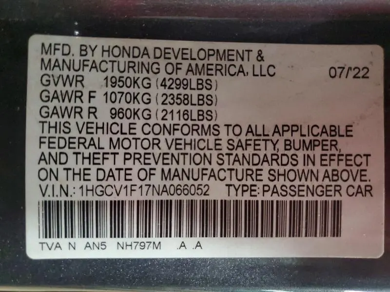 2022 HONDA ACCORD LX  