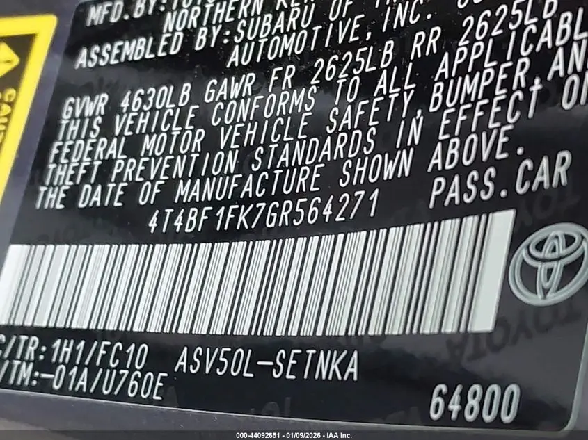 2016 TOYOTA CAMRY LE