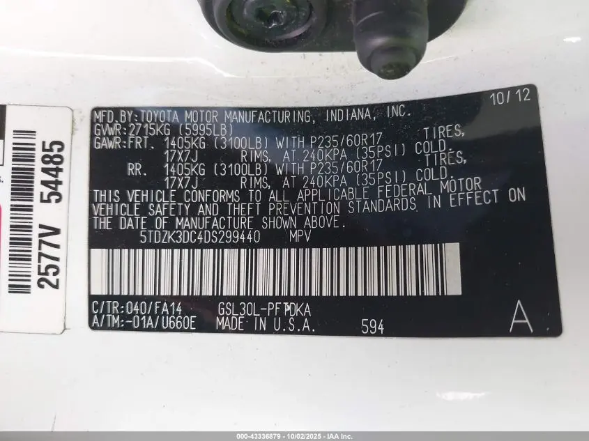 2013 TOYOTA SIENNA L V6 7 PASSENGER