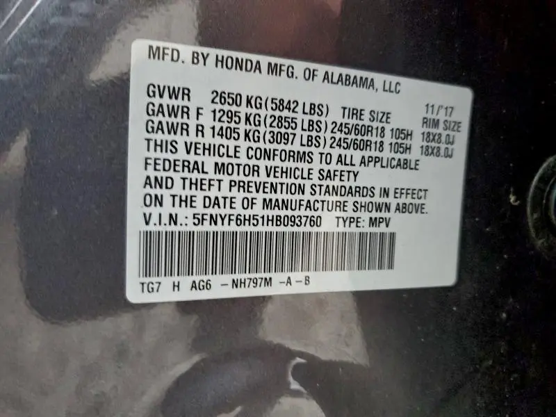 2017 HONDA PILOT EXL  