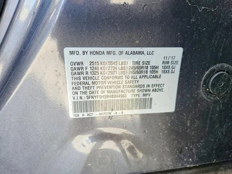 2017 HONDA PILOT EXL  