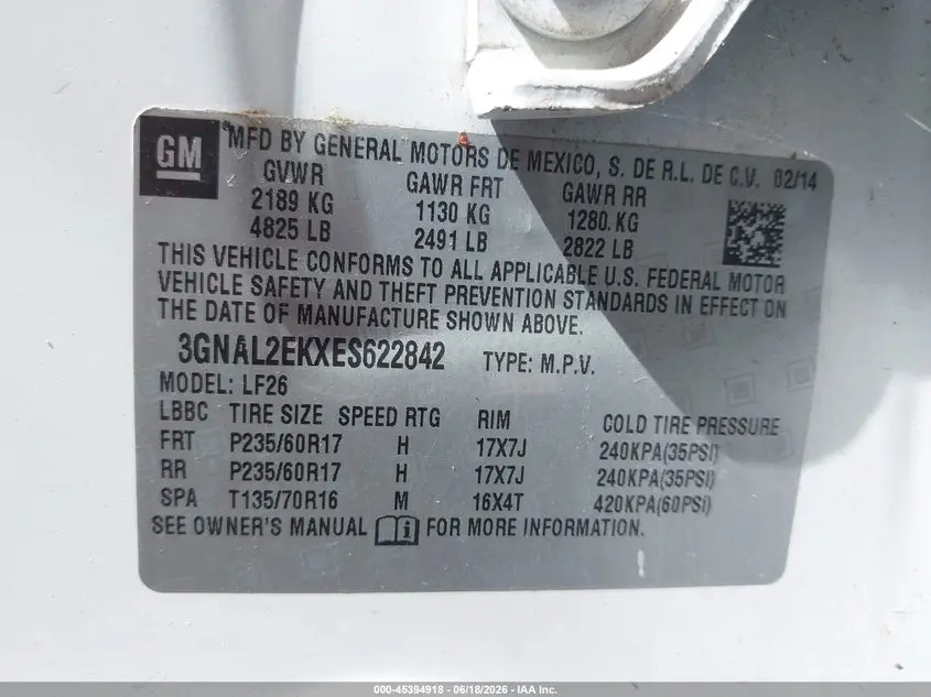 2014 CHEVROLET CAPTIVA SPORT 2LS