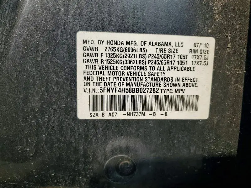 2011 HONDA PILOT EXL  