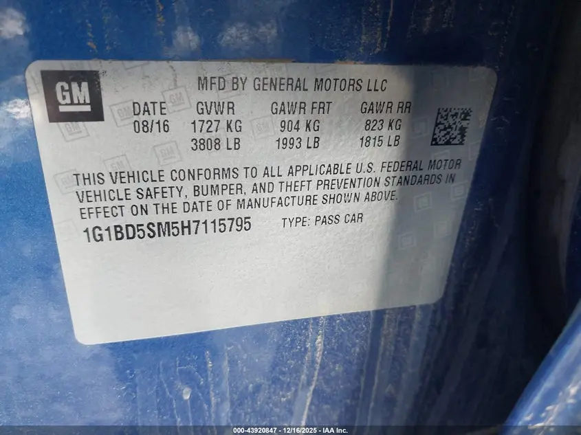 2017 CHEVROLET CRUZE LT MANUAL