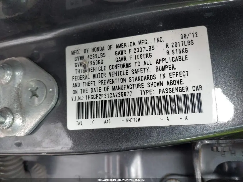 2012 HONDA ACCORD 2.4 LX