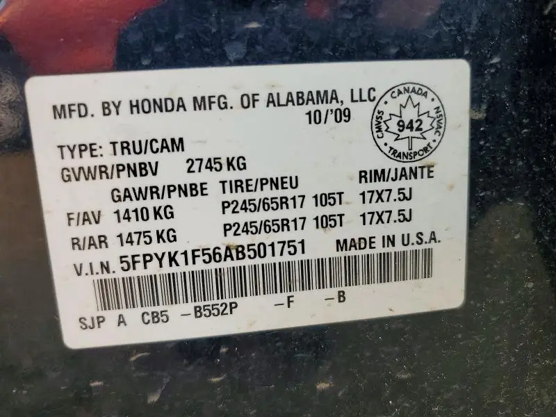2010 HONDA RIDGELINE RTL  