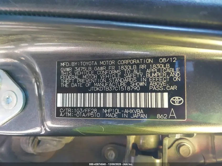 2012 TOYOTA PRIUS C TWO