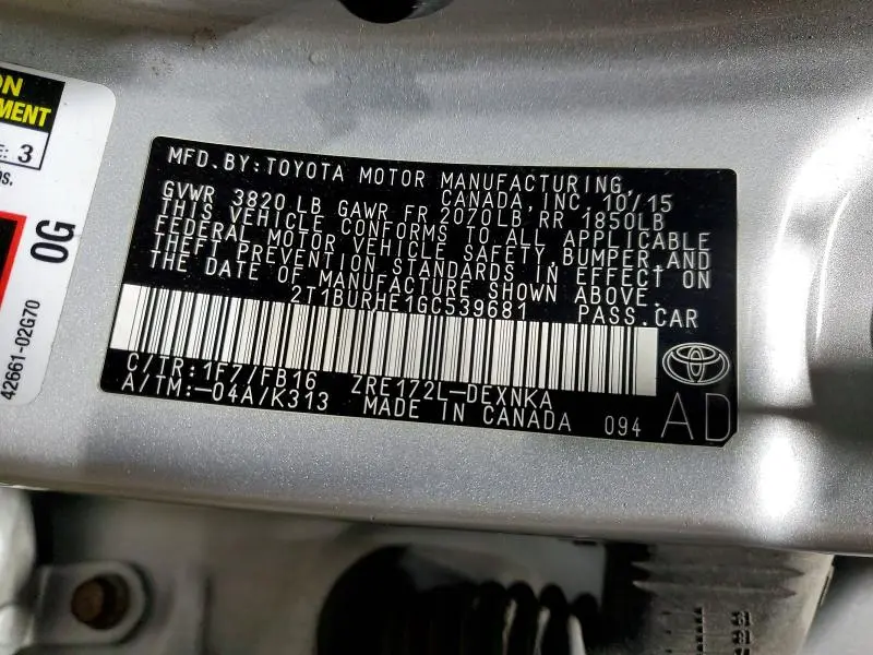 2016 TOYOTA COROLLA L  