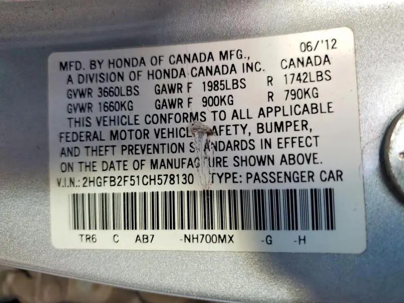 2012 HONDA CIVIC LX  