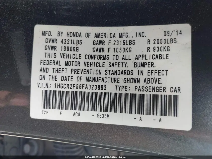 2015 HONDA ACCORD SPORT
