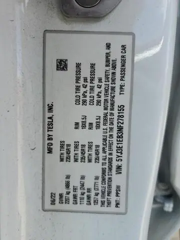 2022 TESLA MODEL 3   