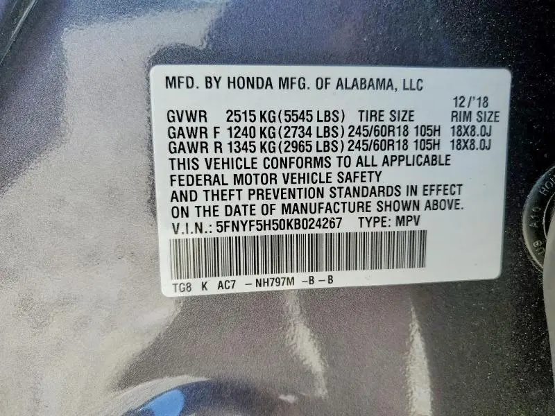 2019 HONDA PILOT EXL  