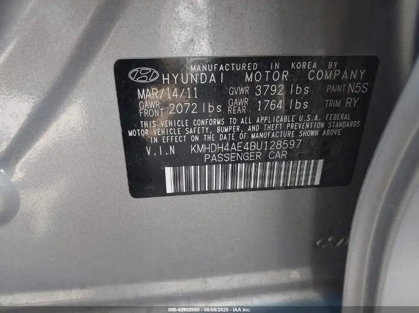 2011 HYUNDAI ELANTRA LIMITED (ULSAN PLANT)