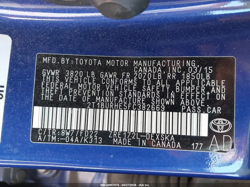 2015 TOYOTA COROLLA S PLUS