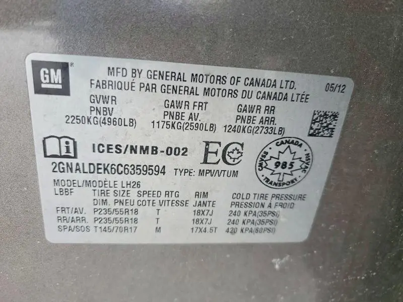 2012 CHEVROLET EQUINOX LT  