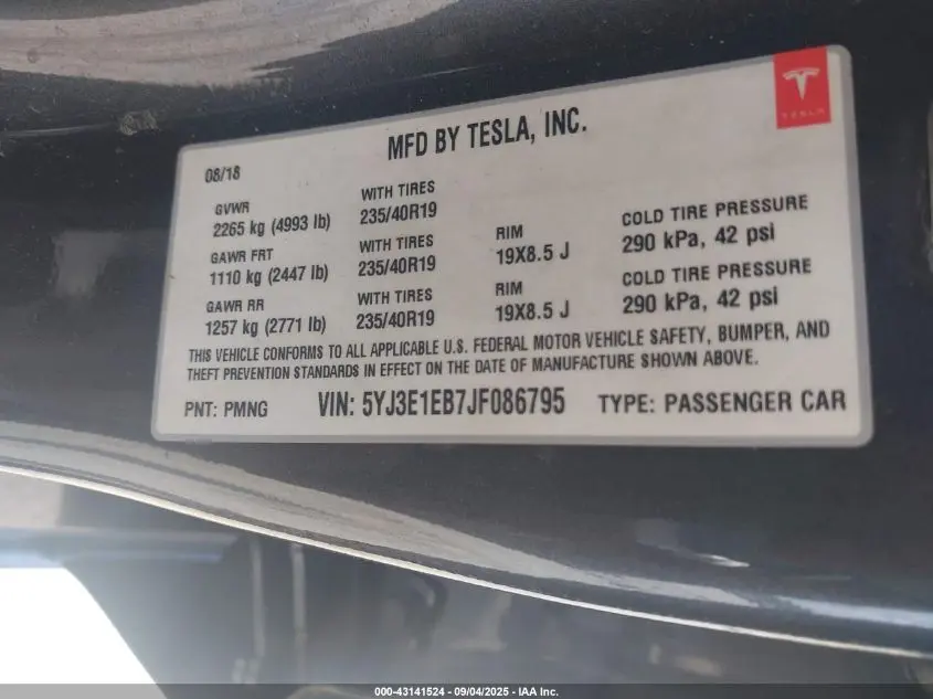 2018 TESLA MODEL 3 LONG RANGE/PERFORMANCE