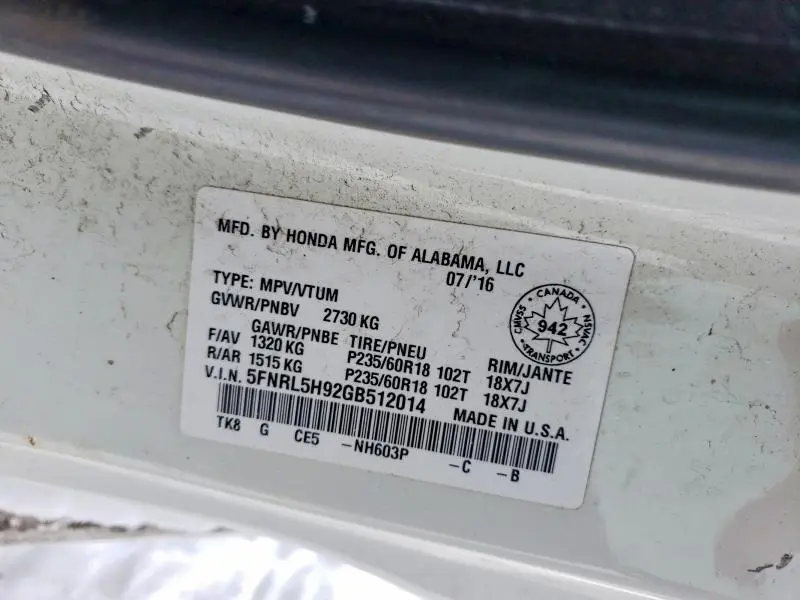 2016 HONDA ODYSSEY TOURING  