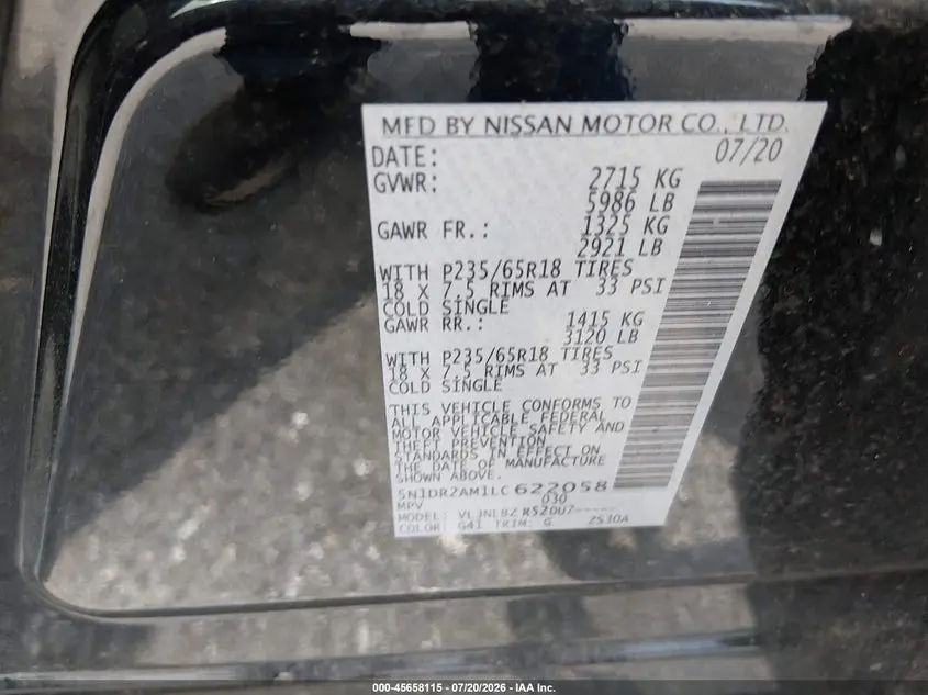 2020 NISSAN PATHFINDER S 4WD