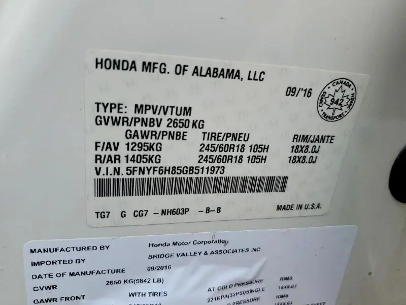 2016 HONDA PILOT EXL  