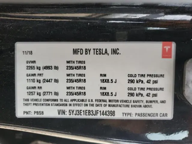 2018 TESLA MODEL 3   