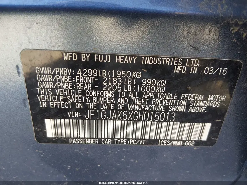 2016 SUBARU IMPREZA 2.0I LIMITED