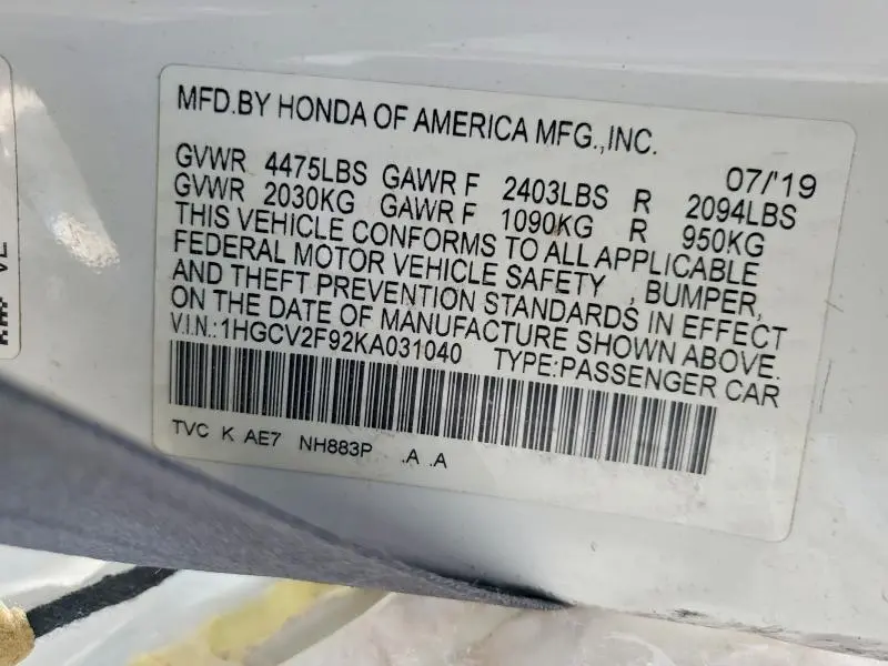2019 HONDA ACCORD TOURING  
