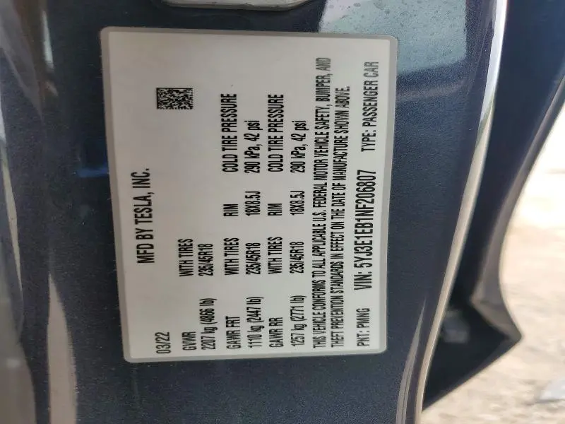 2022 TESLA MODEL 3   