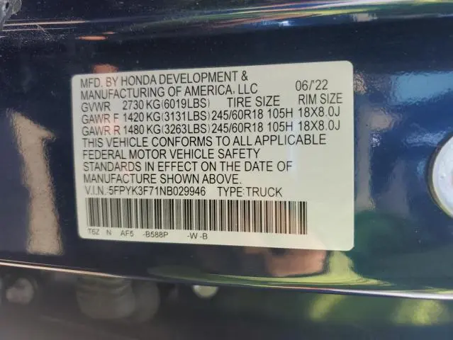 2022 HONDA RIDGELINE RTL  