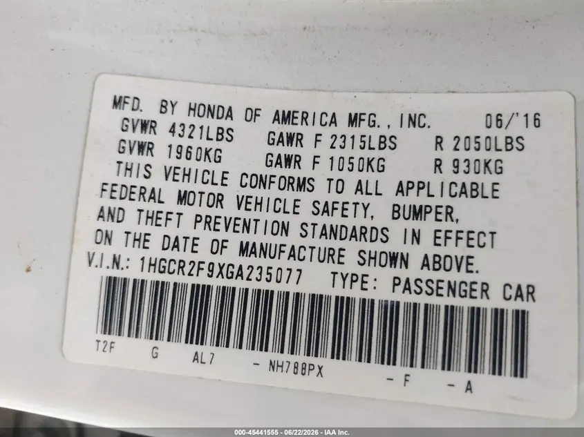 2016 HONDA ACCORD EX-L