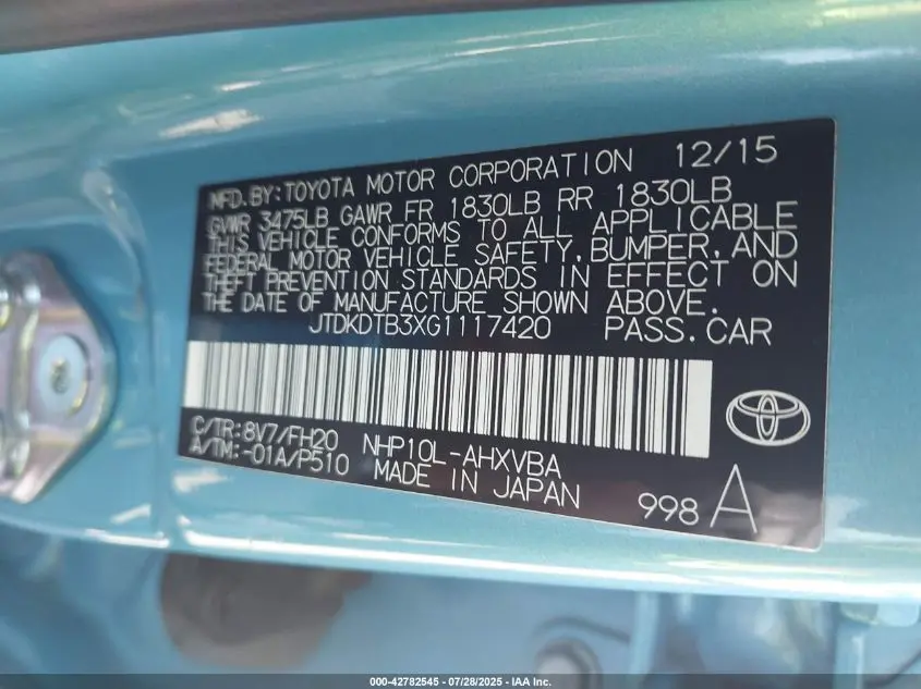 2016 TOYOTA PRIUS C ONE