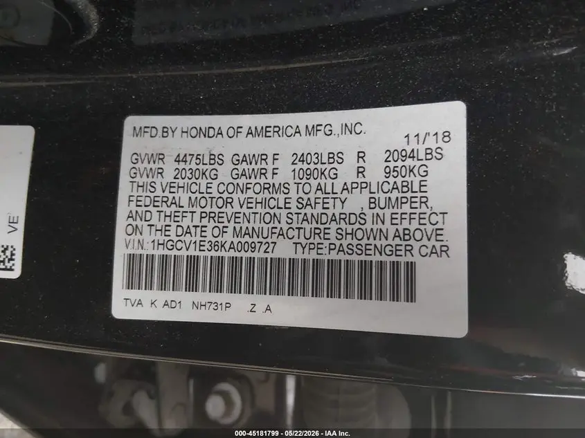 2019 HONDA ACCORD SPORT