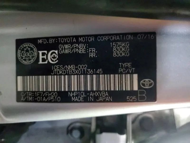 2016 TOYOTA PRIUS C ONE  