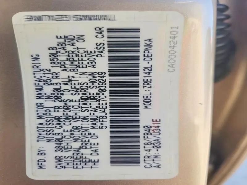 2012 TOYOTA COROLLA LE  