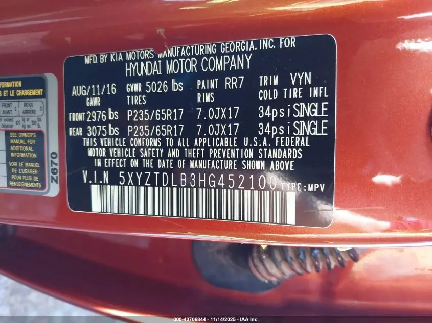 2017 HYUNDAI SANTA FE SPORT 2.4L