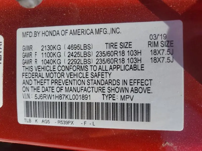 2019 HONDA CR-V EXL  