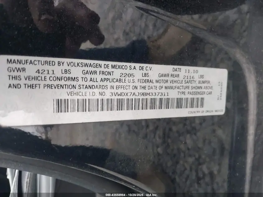 2011 VOLKSWAGEN JETTA 2.5L SE