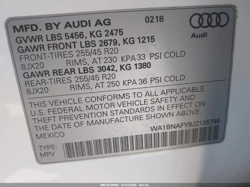 2018 AUDI Q5 2.0T PREMIUM/2.0T TECH PREMIUM