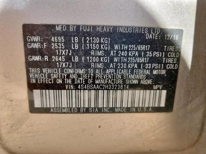 2017 SUBARU OUTBACK 2.5I  